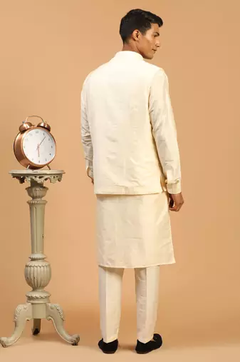 Cream Viscose Jacket, Kurta And Pyjama Set
