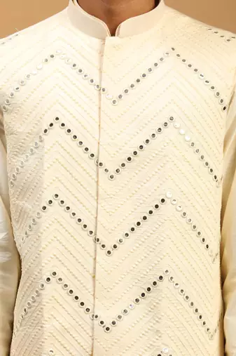Cream Viscose Jacket, Kurta And Pyjama Set