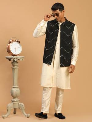 Black And Cream Viscose Jacket, Kurta And Pyjama Set 1