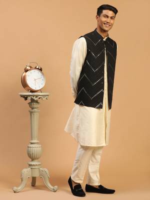 Black And Cream Viscose Jacket, Kurta And Pyjama Set 2