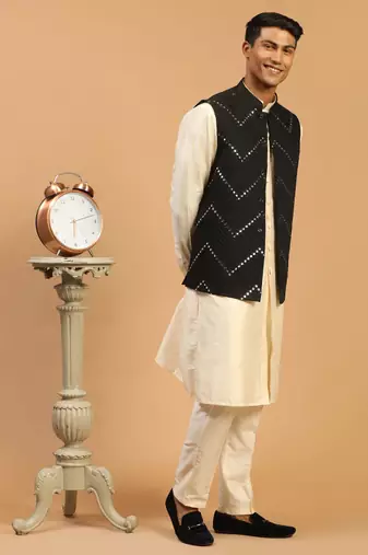 Black And Cream Viscose Jacket, Kurta And Pyjama Set