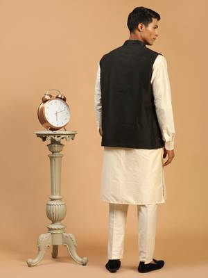 Black And Cream Viscose Jacket, Kurta And Pyjama Set 3