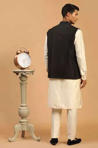 Black And Cream Viscose Jacket, Kurta And Pyjama Set