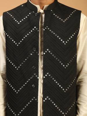 Black And Cream Viscose Jacket, Kurta And Pyjama Set 4