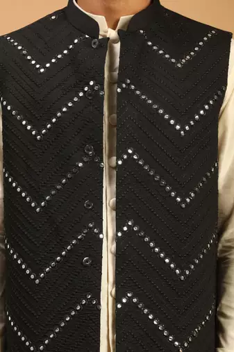 Black And Cream Viscose Jacket, Kurta And Pyjama Set