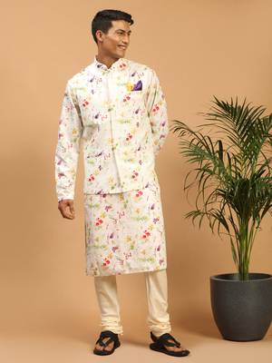 Cream Cotton Blend Jacket, Kurta And Pyjama Set 1