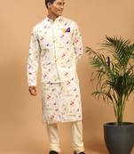 Cream Cotton Blend Jacket, Kurta And Pyjama Set