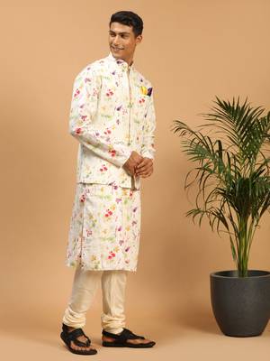 Cream Cotton Blend Jacket, Kurta And Pyjama Set 2