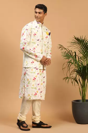 Cream Cotton Blend Jacket, Kurta And Pyjama Set