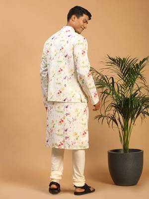 Cream Cotton Blend Jacket, Kurta And Pyjama Set 3