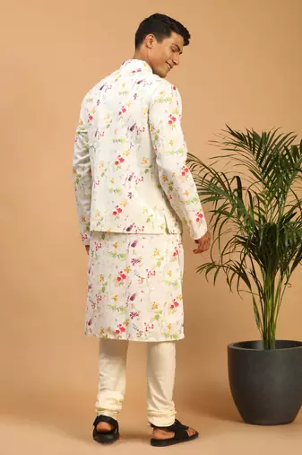 Cream Cotton Blend Jacket, Kurta And Pyjama Set