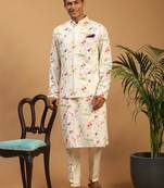 Cream Cotton Blend Jacket, Kurta And Pyjama Set