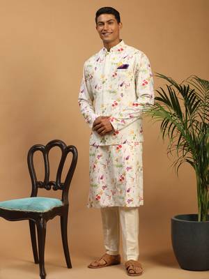 Cream Cotton Blend Jacket, Kurta And Pyjama Set 2