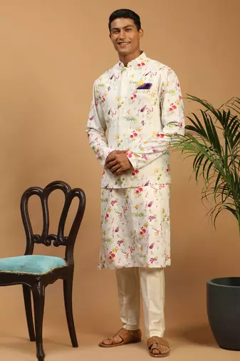 Cream Cotton Blend Jacket, Kurta And Pyjama Set