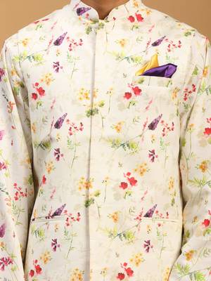 Cream Cotton Blend Jacket, Kurta And Pyjama Set 4