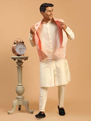 Onion Pink And Cream Viscose Jacket, Kurta And Pyjama Set 1