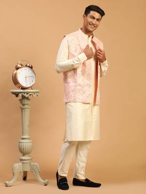 Onion Pink And Cream Viscose Jacket, Kurta And Pyjama Set 2
