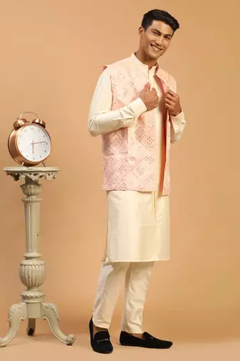 Onion Pink And Cream Viscose Jacket, Kurta And Pyjama Set