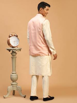 Onion Pink And Cream Viscose Jacket, Kurta And Pyjama Set 3