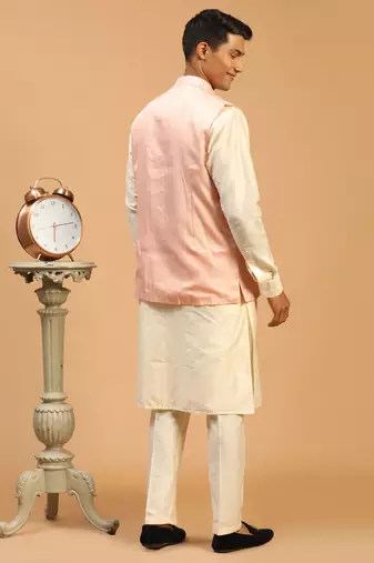 Onion Pink And Cream Viscose Jacket, Kurta And Pyjama Set