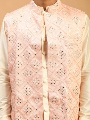 Onion Pink And Cream Viscose Jacket, Kurta And Pyjama Set 4