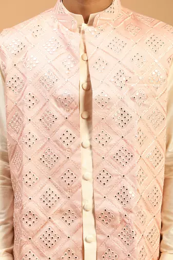 Onion Pink And Cream Viscose Jacket, Kurta And Pyjama Set