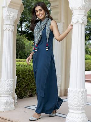 Janasya women's teal blue rayon solid kurta with palazzo and scarf 2