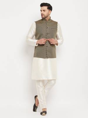 Cream And Black Silk Blend Jacket, Kurta And Pyjama Set 1