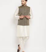 Cream And Black Silk Blend Jacket, Kurta And Pyjama Set