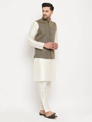 Cream And Black Silk Blend Jacket, Kurta And Pyjama Set 2