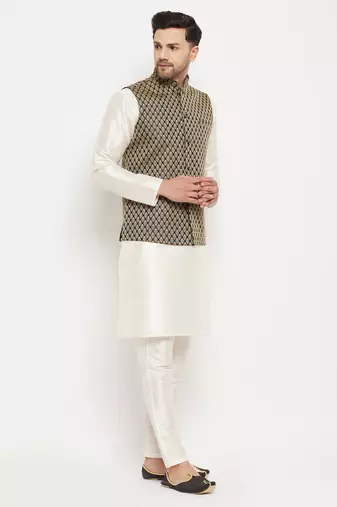 Cream And Black Silk Blend Jacket, Kurta And Pyjama Set