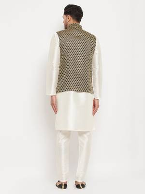 Cream And Black Silk Blend Jacket, Kurta And Pyjama Set 3