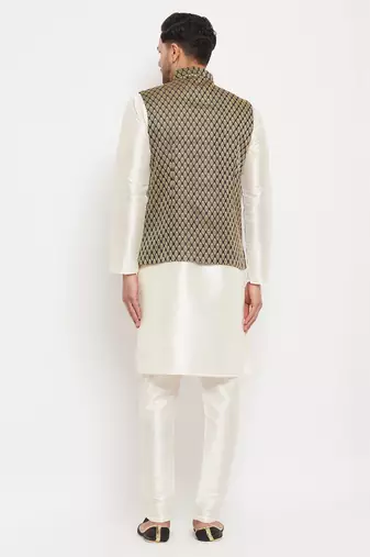 Cream And Black Silk Blend Jacket, Kurta And Pyjama Set
