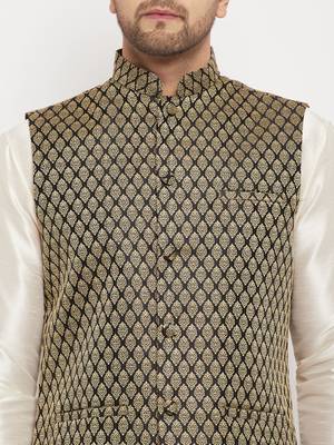 Cream And Black Silk Blend Jacket, Kurta And Pyjama Set 4