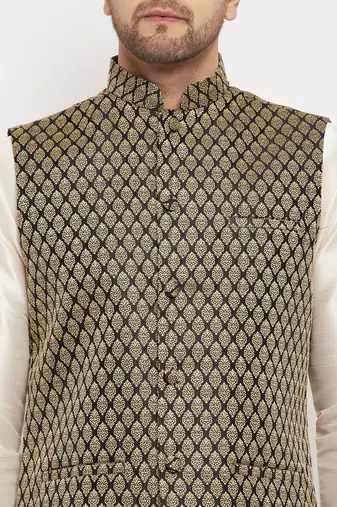 Cream And Black Silk Blend Jacket, Kurta And Pyjama Set