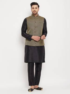 Black Silk Blend Jacket, Kurta And Pyjama Set 1