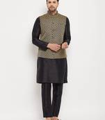 Men'S Black Silk Blend Jacket, Kurta And Pyjama Set