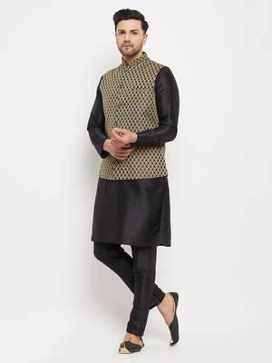 Black Silk Blend Jacket, Kurta And Pyjama Set 2