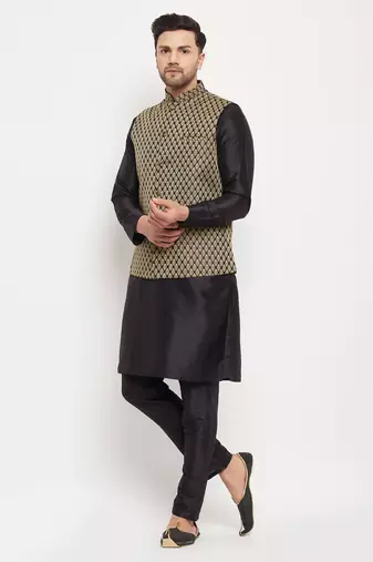 Black Silk Blend Jacket, Kurta And Pyjama Set