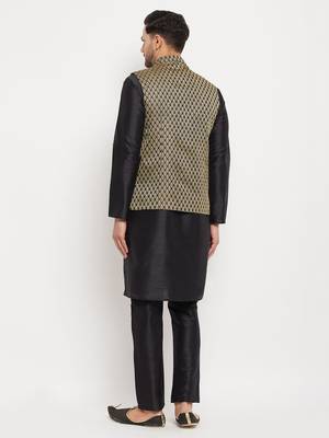 Black Silk Blend Jacket, Kurta And Pyjama Set 3