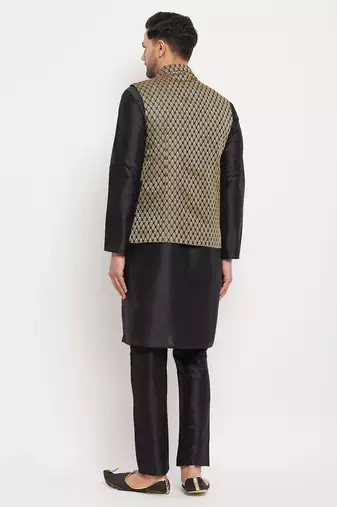 Black Silk Blend Jacket, Kurta And Pyjama Set