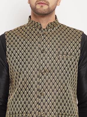Black Silk Blend Jacket, Kurta And Pyjama Set 4