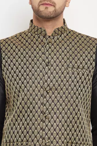 Black Silk Blend Jacket, Kurta And Pyjama Set
