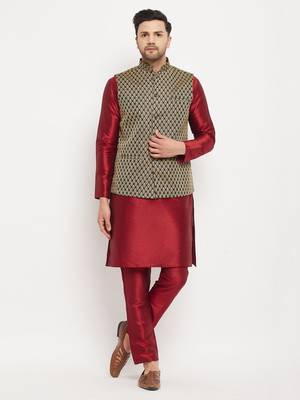 Black And Maroon Silk Blend Jacket, Kurta And Pyjama Set 1