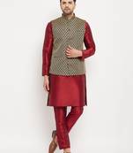 Black And Maroon Silk Blend Jacket, Kurta And Pyjama Set