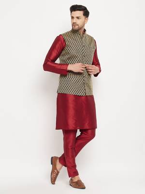 Black And Maroon Silk Blend Jacket, Kurta And Pyjama Set 2
