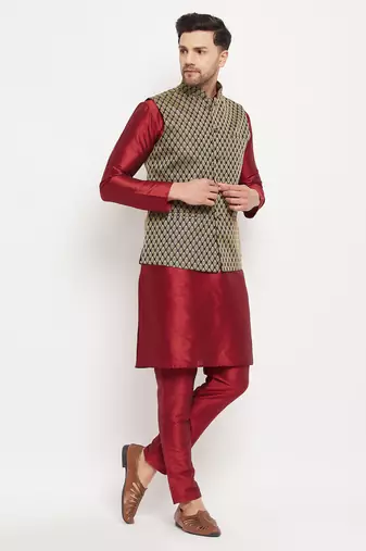 Black And Maroon Silk Blend Jacket, Kurta And Pyjama Set