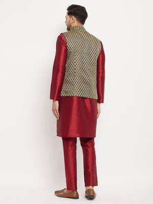 Black And Maroon Silk Blend Jacket, Kurta And Pyjama Set 3