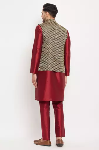 Black And Maroon Silk Blend Jacket, Kurta And Pyjama Set