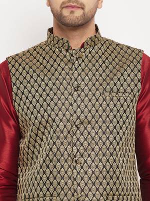 Black And Maroon Silk Blend Jacket, Kurta And Pyjama Set 4